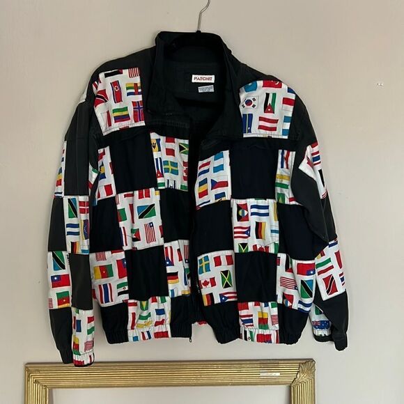 Vintage Track Jacket Flag Windbreaker Black / White Athletic Jacket 90s - Picture 1 of 4